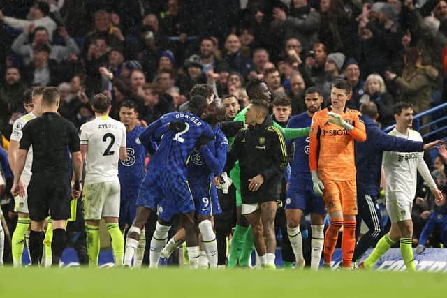 HEATED: The scenes after the full-time whistle of Leeds United's 3-2 defeat to Chelsea at Stamford Bridge. Photo by Marc Atkins/Getty Images.