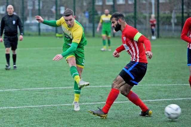 James Law scores one of four goals in Middleton's 8-0 Terry Marfitt Trophy quarter-final win over Athletico. Picture: Steve Riding.