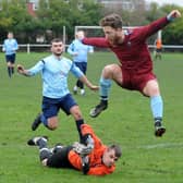 Ben Turner, of  East End Park, is foiled by Featherstone Colliery goalkeeper Ryan Smith during Saturday's injury/bad light-abandoned West Yorkshire League Division 1 encounter. Picture: Steve Riding.