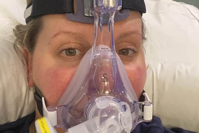 Kate Goldring, 40, pictured in her CPAP mask while she battled Covid in an ICU ward at Pinderfields Hospital.