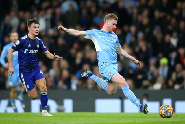 MENACE: Kevin De Bruyne fires Manchester City 3-0 up in Tuesday night's 7-0 blitz of Leeds United at the Etihad. Photo by Alex Livesey/Getty Images.