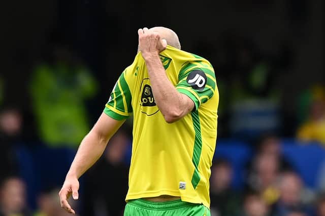 Norwich striker Teemu Pukki looks despairing during the Canaries' 7-0 defeat at Stamford Bridge. Pic: Shaun Botterill