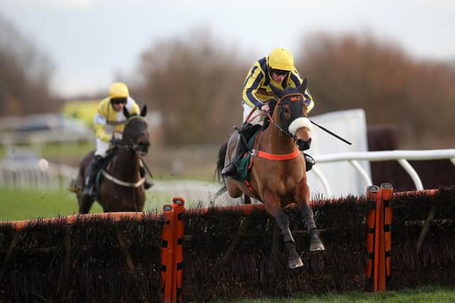 Going clear: Inca Prince ridden by Jamie Hamilton, in colours not dissimilar to Rob Burrow's Leeds Rhinos shirt, clears a fence before going to win the Rob Burrow Is A Legend! Juvenile Hurdle at Catterick racecourse. Picture: Simon Marper/PA Wire.