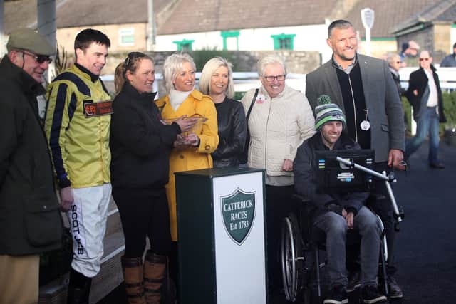 Special day: Rob Burrow (second right) with his former Leeds team-mate Barrie McDermott, family, friends and connections during the trophy presentation for the Rob Burrow Is A Legend! Juvenile Hurdle at Catterick racecourse. Picture: Simon Marper/PA Wire.