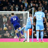 ROCKET: Kevin De Bruyne fires home the goal of the game in Manchester City's 7-0 romp against Leeds United at the Etihad. Photo by Alex Livesey/Getty Images.