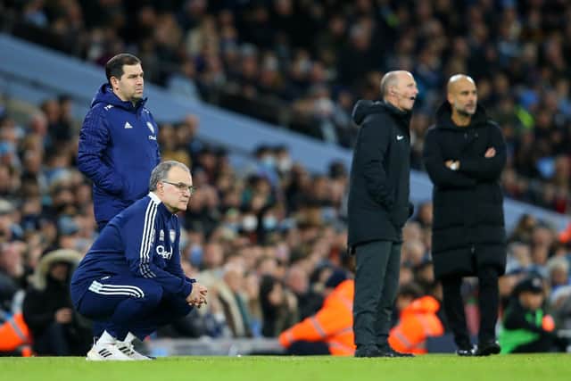 NOTHING WORKED - Marcelo Bielsa said Leeds United's solutions to the problems posed by Manchester City, problems he expected, did nothing to change the game. Pic: Getty