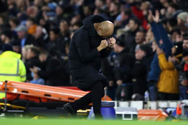 Manchester City head coach Pep Guardiola reacts during his side's win over Leeds United. Pic: Getty