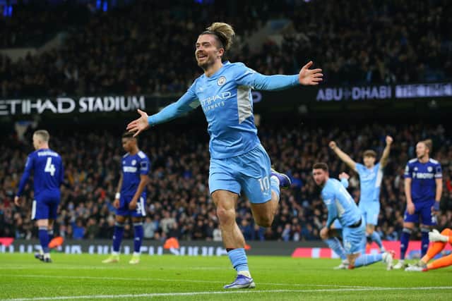 Jack Grealish celebrates doubling Manchester City's lead against Leeds United at the Etihad. Pic: Alex Livesey.