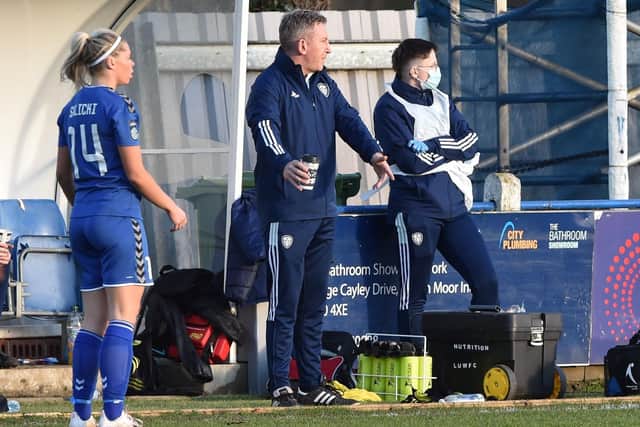 Dan O'Hearne on the sidelines during Leeds United Women's FA Cup clash with Durham Women. Pic: LUFC.