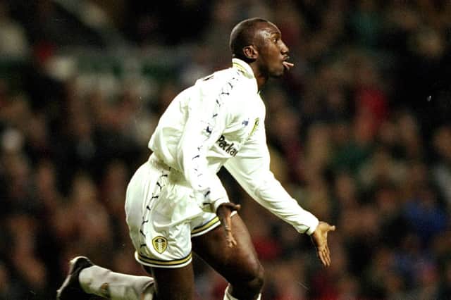 Jimmy Floyd-Hasselbaink celebrates scoring one of his two goals against Liverpool at Anfield in November 1998. PIC: Getty