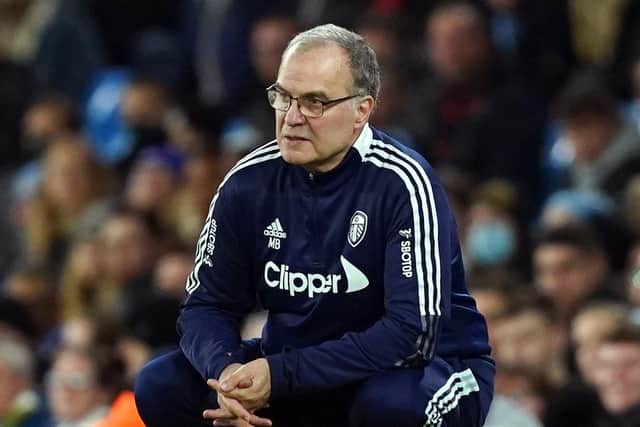 Leeds United manager Marcelo Bielsa on the sidelines at the Eithad Stadium. Picture: Martin Rickett/PA Wire.