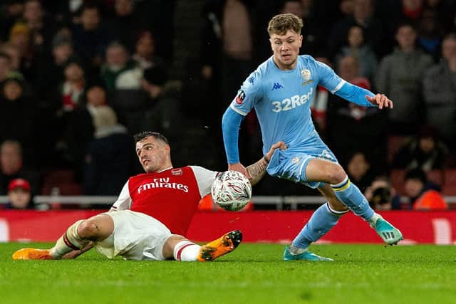 Granit Xhaka challenges Jordan Stevens during Arsenal's 1-0 victory over Leeds United in the FA Cup third round in January 2020. Pic: Bruce Rollinson.