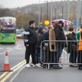 People queue to enter the Leeds Covid Vaccination Centre at Elland Road