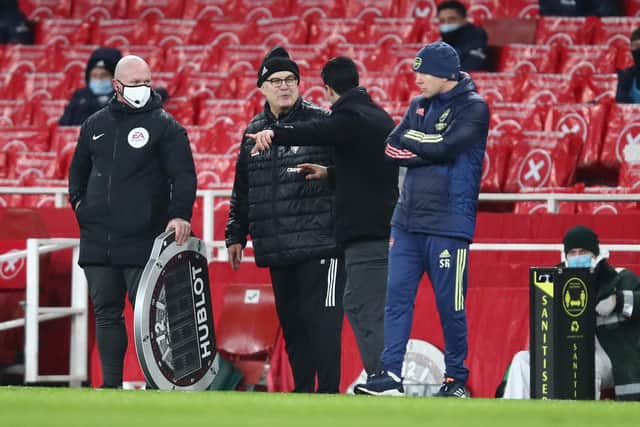 FIFTH MEETING: Leeds United head coach Marcelo Bielsa, second left, and Arsenal boss Mikel Arteta, third left, have already faced each other four times. Photo by Julian Finney/Getty Images.
