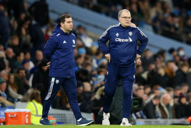 TRICKIEST TIME: But also plenty of backing for Whites head coach Marcelo Bielsa, right, the Argentine pictured during Tuesday night's 7-0 walloping at Manchester City. Photo by Alex Livesey/Getty Images.