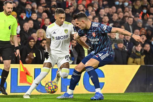 Raphinha takes on Granit Xhaka during Leeds United's 4-1 defeat to Arsenal at Elland Road.