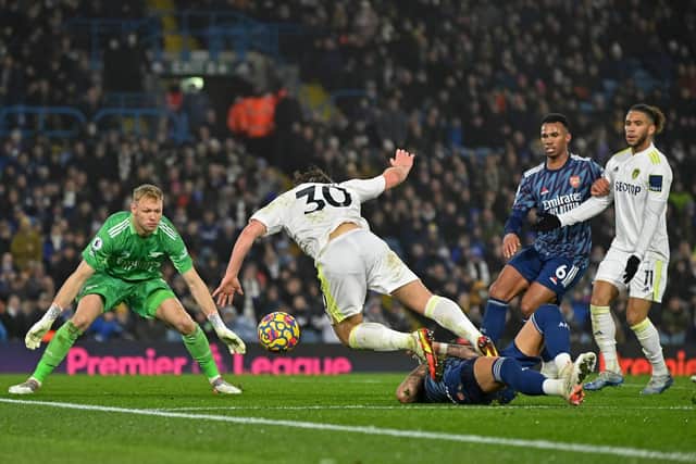 SOLE RESPONSE: Leeds United forward Joe Gelhardt is fouled by Arsenal's Ben White for a second-half penalty converted by Raphinha. Picture by Bruce Rollinson.