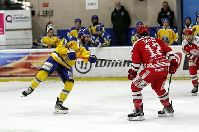 Leeds Knights' Adam Barnes fires off a shot during Friday's first leg of the Autumn Cup Final against Swindon Wildcats. Picture: David North/Swindon Wildcats.