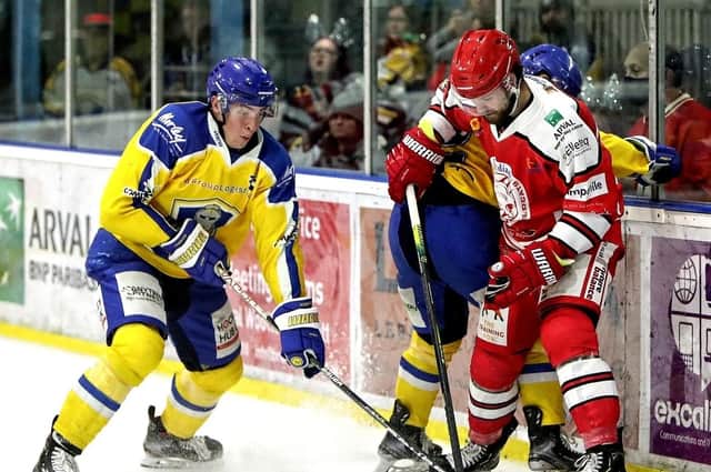 Cole Shudra battles for puck possession against Swindon Wildcats on Friday night. Picture: David North/Swindon Wildcats.