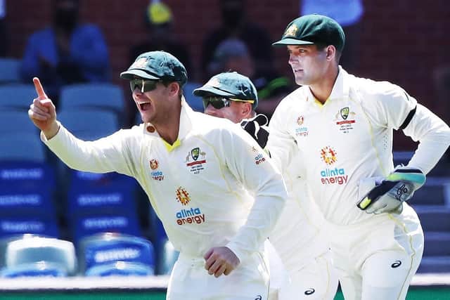 Caught: Australia's Steve Smith celebrates taking the catch to dismiss England's Ollie Pope off Mitchell Starc.