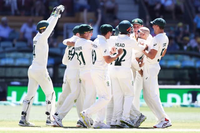 Got him: Australia's Nathan Lyon celebrates the wicket of England's Ben Stokes.