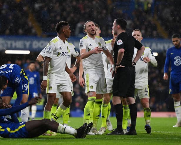 FLASH POINT - Chris Kavanagh awarded Chelsea a penalty in the 93rd minute against Leeds United, who were fined by the FA for failing to ensure their players conducted themselves in an orderly fashion. Pic: Getty