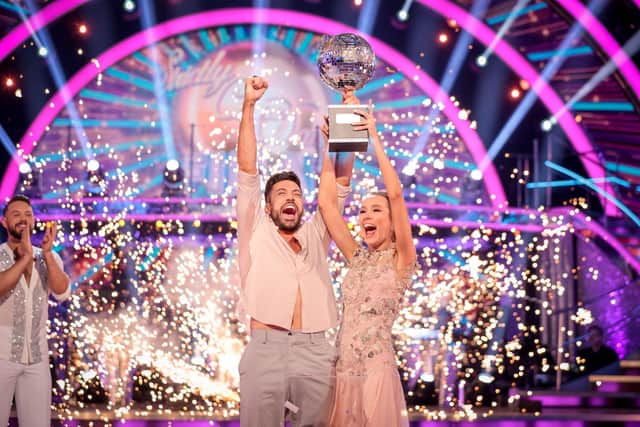Undated BBC handout photo of winners Rose Ayling-Ellis and Giovanni Pernice with the glitterball trophy during the final of Strictly Come Dancing 2021. Issue date: Saturday December 18, 2021.