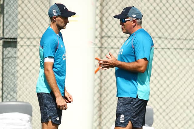 England head coach Chris Silverwood and Joe Root talk during an England Ashes squad practice session. (Photo by Chris Hyde/Getty Images)