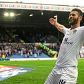 Mirco Antenucci celebrates scoring Leeds United's second goal against Huddersfield Town at Elland Road in September 2014. The Whites won 3-0 PIC: Bruce Rollinson