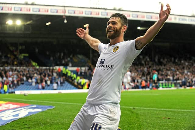 Mirco Antenucci celebrates scoring Leeds United's second goal against Huddersfield Town at Elland Road in September 2014. The Whites won 3-0 PIC: Bruce Rollinson