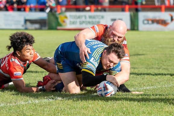 Matty Beharrell, seen scoring for Doncaster agianst Keighley, could feature when Dewsbury visit Batley on Boxing Day. Picture by Allan McKenzie/SWpix.com.