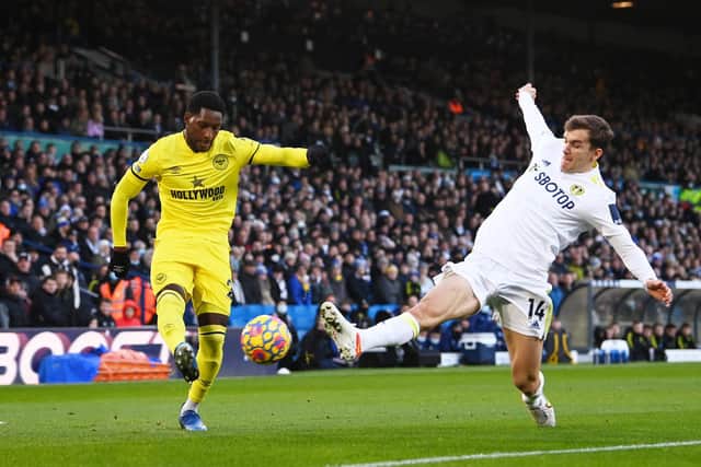 Diego Llorente attempts to block Shandon Baptiste's cross during Leeds United's 2-2 draw with Brentford at Elland Road. Pic: Stu Forster.