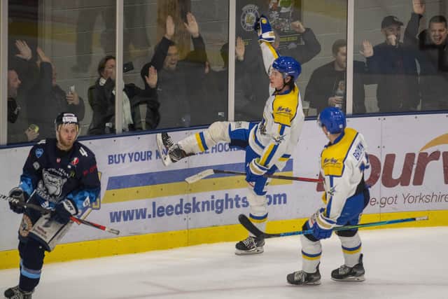 Harry Gulliver celebrates scoring Leeds Knights fifth goal. against Sheffield Steeldogs in the second leg of the Autumn Cup semi-finals. Picture: Bruce Rollinson