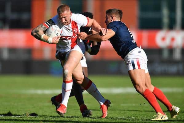 Mikolaj Oledzki on the charge for England agianst France in October. Picture by Will Palmer/SWpix.com.