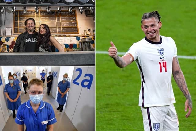 Clockwise from top left, James Tabor and Zoe Perrett; Kalvin Phillips and staff at the Elland Road Vaccination Centre. Pictures by Tony Johnson, Mike Egerton/PA and Simon Hulme