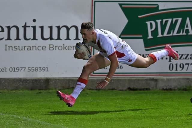 Jack Broadbent scores the first of two tries on his England Knights debut against Jamaica. Picture by Bruce Rollinson.