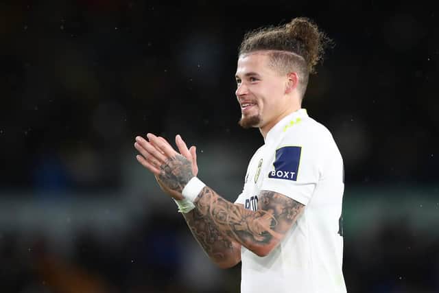 IMPRESSION: Of the famous Wolf of Wall Street scene from Leeds United star Kalvin Phillips. Photo by Jan Kruger/Getty Images.