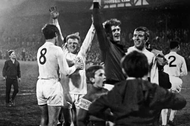 Leeds United's players celebrate at Anfield following their capture of the First Division crown in 1969. Pic: Varley Picture Agency