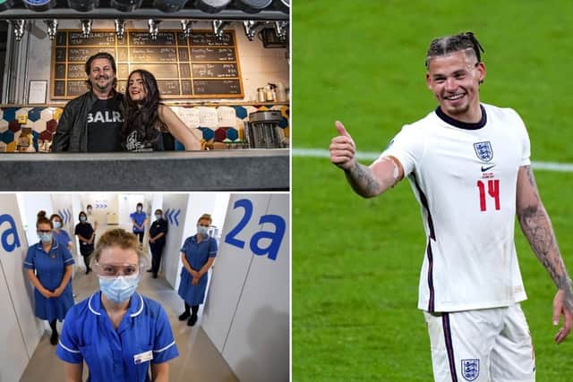 Clockwise from top left, James Tabor and Zoe Perrett; Kalvin Phillips and staff at the Elland Road Vaccination Centre. Pictures by Tony Johnson, Mike Egerton/PA and Simon Hulme