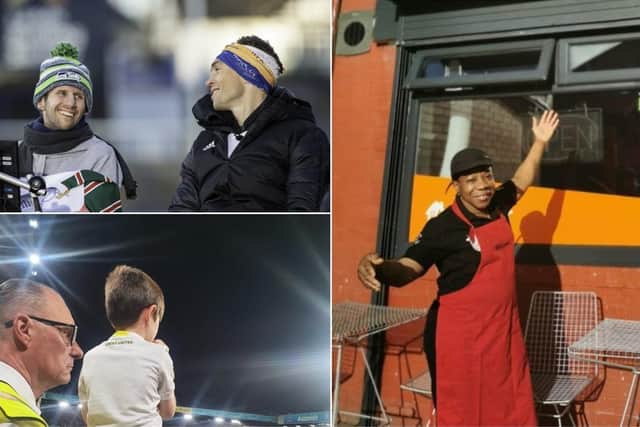 Clockwise from top left, Rob Burrow and Kevin Sinfield; Maureen Wilkes, and Mick Grundell with young fan Freddie Bremner Burnell. Pictures by Allan McKenzie/SWPix and submitted