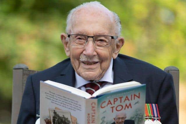 Captain Sir Tom Moore at his home in Marston Moretaine, Bedfordshire.