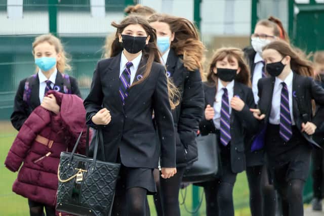 Students arriving at Outwood Academy in Woodlands, Doncaster in Yorkshire.