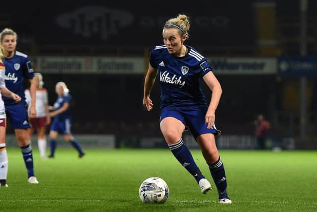 Rebecca Hunt on the ball for Leeds United Women against Bradford City at Valley Parade. Pic: LUFC.