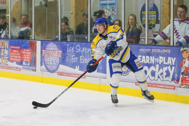 Leeds Knights'
Lewis Baldwin
took his goals tally for the season to four in the 7-4 win over Sheffield Steeldogs. Picture:
Andy Bourke/Podium Prints