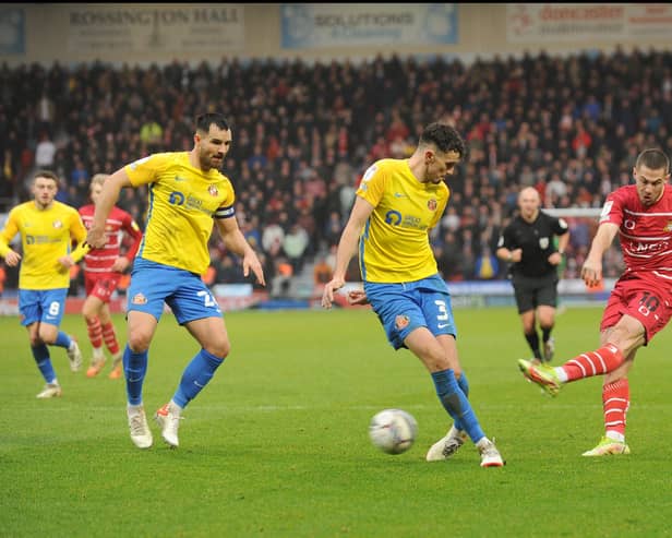 Drew a blank:Doncaster captain Tommy Rowe shoots during the 3-0 defeat by Sunderland. Picture: Steve Riding