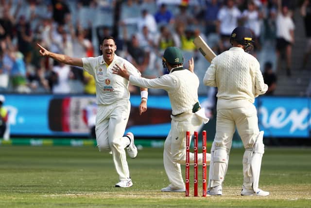 Australia's Scott Boland celebrates the wicket of England's Jack Leach during day two in Melbourne. Picture: Jason O'Brien/PA