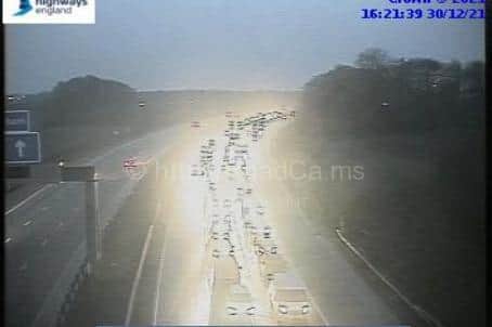 Stationary traffic on the M1 Northbound near Leeds, which is closed following the serious crash on the A1M (Photo: Motorway Cameras)