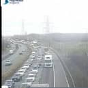 Queueing traffic between J32 and J31 of the westbound carriageway due to the vehicle fire (Photo: Motorway Cameras)