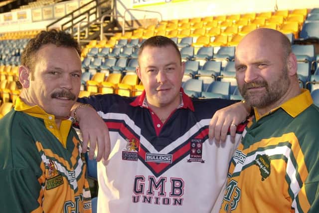 Former Leeds winger Eric Grothe, far right, with Cliff Lyons and Garry Schofield.