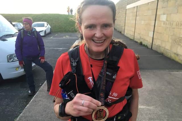 Sarah Norman pictured after completing the gruelling Hardmoors 30 across North York Moors on Saturday January 1.